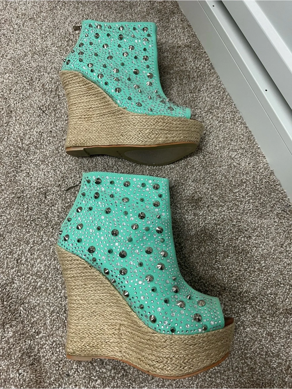Studded Mint Green Wedge Peep-Toe Booties